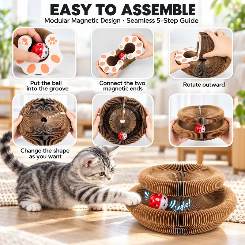 Foldable Magic Cat Scratcher with Interactive Ball - Magnetic Corrugated Scratching Board and Track Toy for Indoor Cats and Kittens, Protects Floors and Furniture from Claw Damage