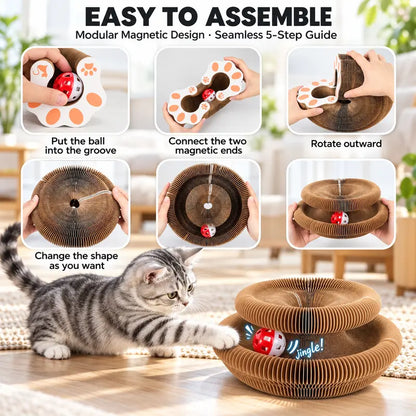 Foldable Magic Cat Scratcher with Interactive Ball - Magnetic Corrugated Scratching Board and Track Toy for Indoor Cats and Kittens, Protects Floors and Furniture from Claw Damage