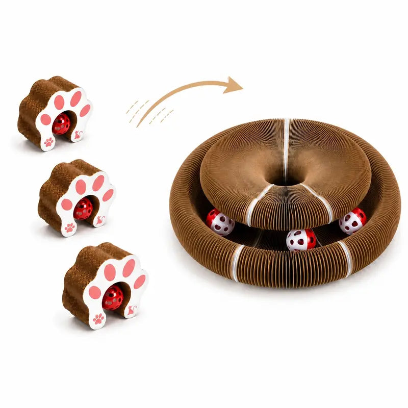 Foldable Magic Cat Scratcher with Interactive Ball - Magnetic Corrugated Scratching Board and Track Toy for Indoor Cats and Kittens, Protects Floors and Furniture from Claw Damage