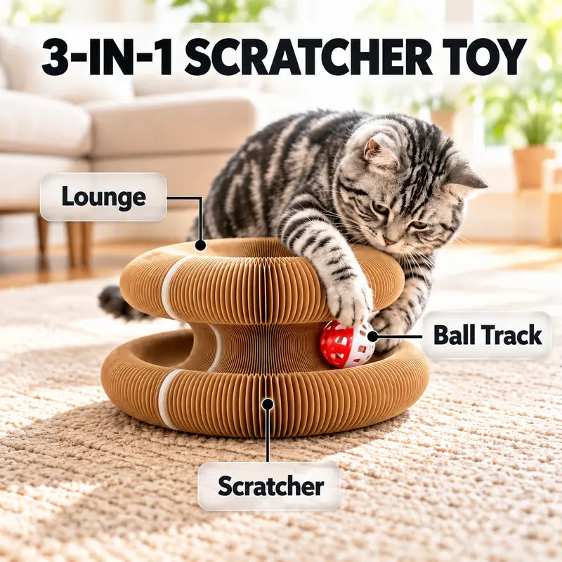 Foldable Magic Cat Scratcher with Interactive Ball - Magnetic Corrugated Scratching Board and Track Toy for Indoor Cats and Kittens, Protects Floors and Furniture from Claw Damage