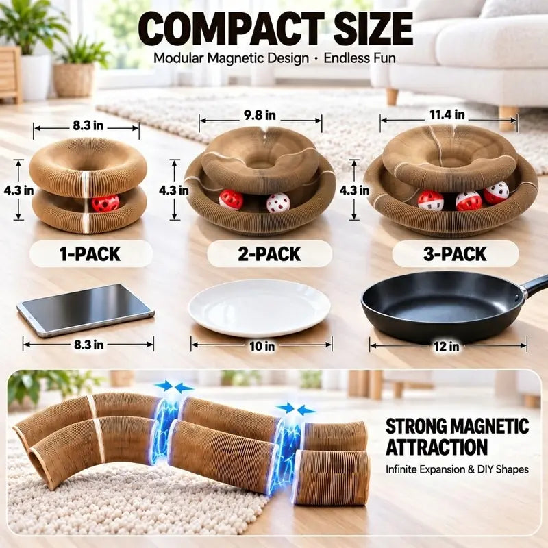 Foldable Magic Cat Scratcher with Interactive Ball - Magnetic Corrugated Scratching Board and Track Toy for Indoor Cats and Kittens, Protects Floors and Furniture from Claw Damage