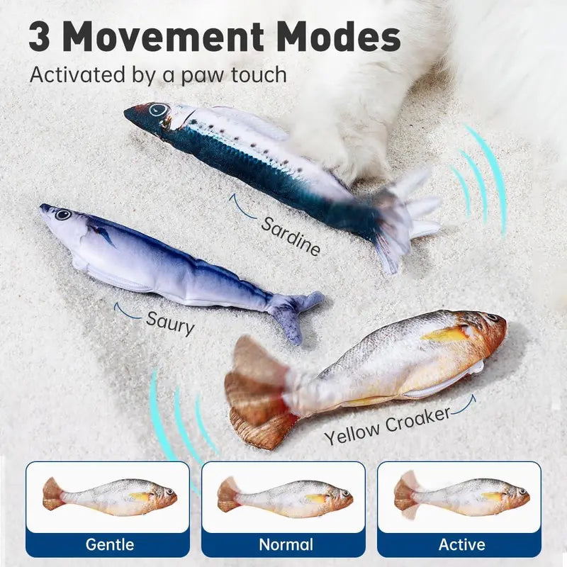 3-Pack Rechargeable Interactive Cat Fish Toys - Realistic Flapping Sardine, Saury, and Yellow Croaker Designs, 7.1 Inches, Tap-Activated with 3 Flap Modes and Catnip, Suitable for All Cat Breeds