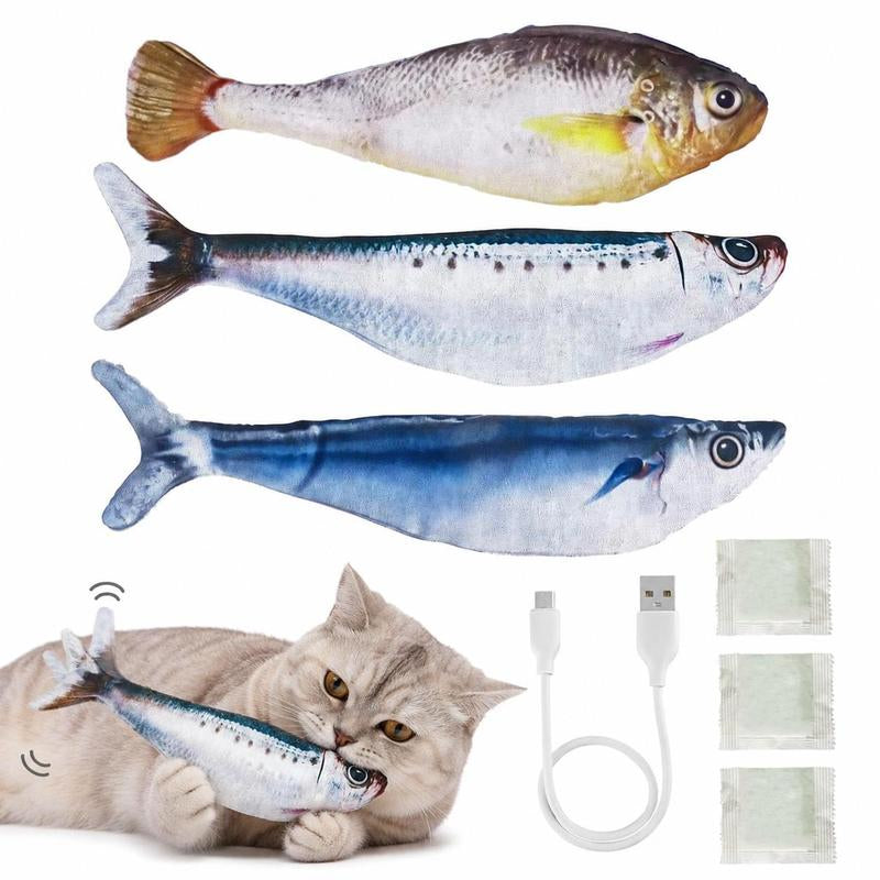 3-Pack Rechargeable Interactive Cat Fish Toys - Realistic Flapping Sardine, Saury, and Yellow Croaker Designs, 7.1 Inches, Tap-Activated with 3 Flap Modes and Catnip, Suitable for All Cat Breeds