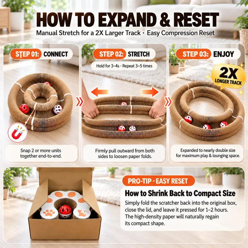 Foldable Magic Cat Scratcher with Interactive Ball - Magnetic Corrugated Scratching Board and Track Toy for Indoor Cats and Kittens, Protects Floors and Furniture from Claw Damage